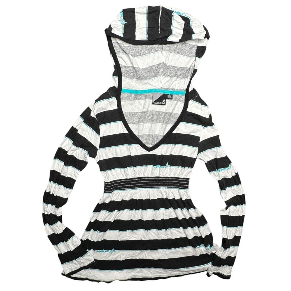 Y2K Volcom Striped Hooded Tunic Babydoll Top Black White Blue Emo Style Size M
